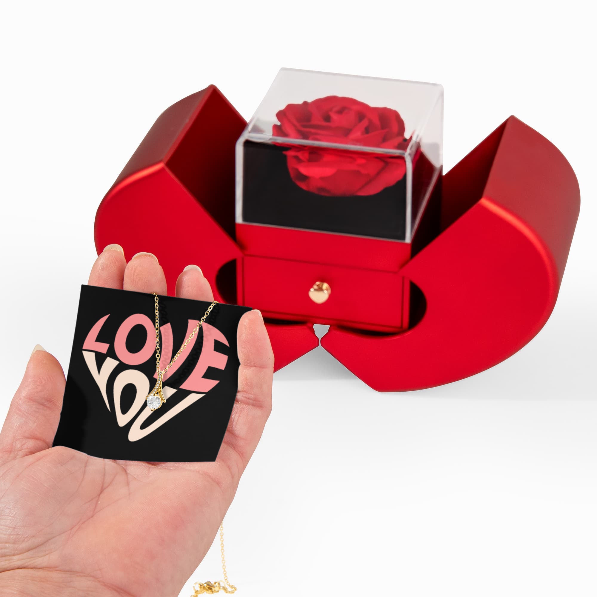 Create an unforgettable gifting experience with our elegant Alluring Beauty Necklace and Heart Box gift set. The everlasting rose symbolizes eternal love, while the sparkling necklace serves as the perfect token of your love. Ideal for birthdays, anniversaries, or any special occasion, this beautiful package is guaranteed to make your loved one feel truly cherished and appreciated.