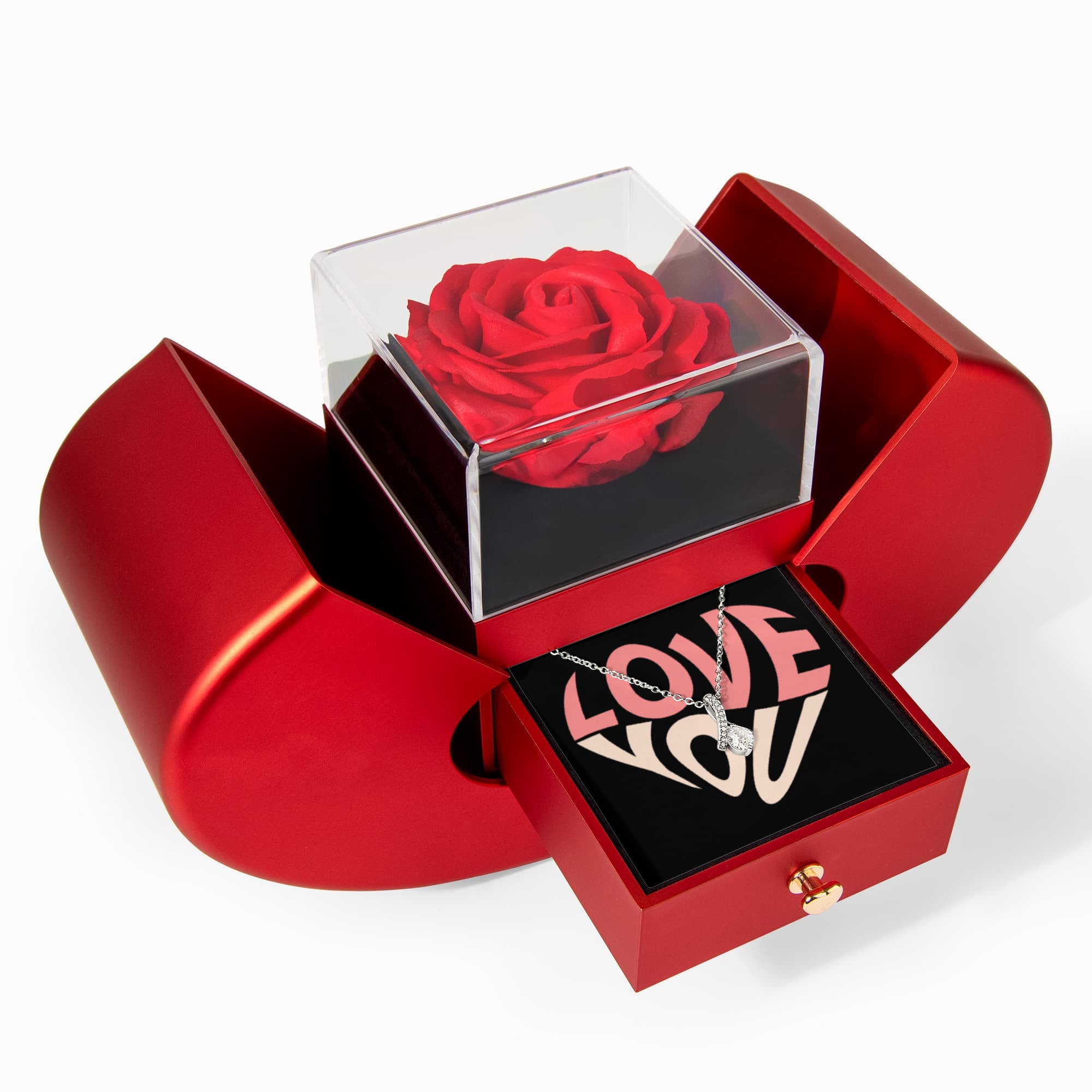 Create an unforgettable gifting experience with our elegant Alluring Beauty Necklace and Heart Box gift set. The everlasting rose symbolizes eternal love, while the sparkling necklace serves as the perfect token of your love. Ideal for birthdays, anniversaries, or any special occasion, this beautiful package is guaranteed to make your loved one feel truly cherished and appreciated.