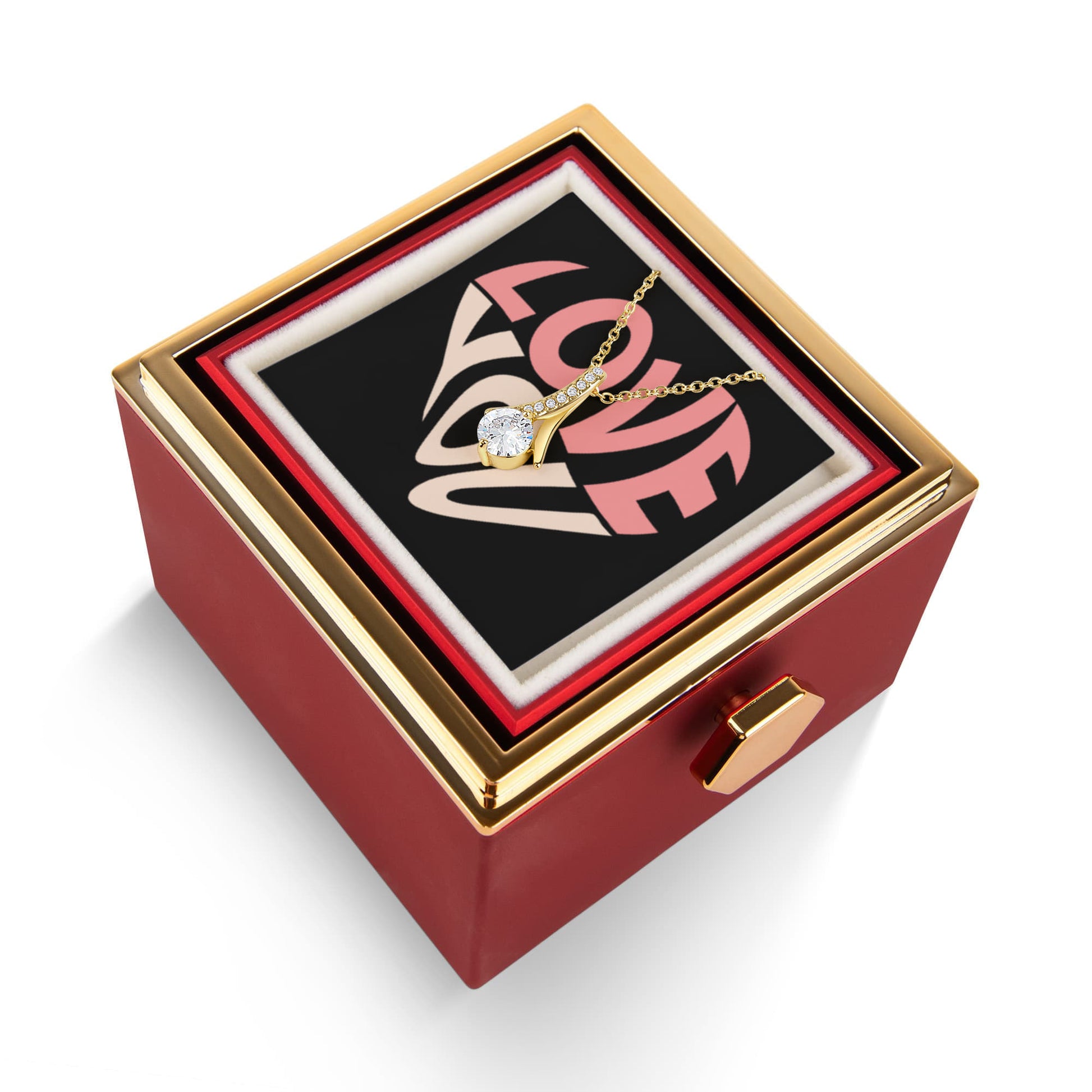 Imagine her reaction as she receives this beautiful Alluring Beauty Necklace. The luxurious box, featuring a charming preserved rose that never fades, adds an extra touch of love. With a simple turn of the gold knob, her breathtaking gift is revealed—making it the perfect sentimental gift for that special someone.
