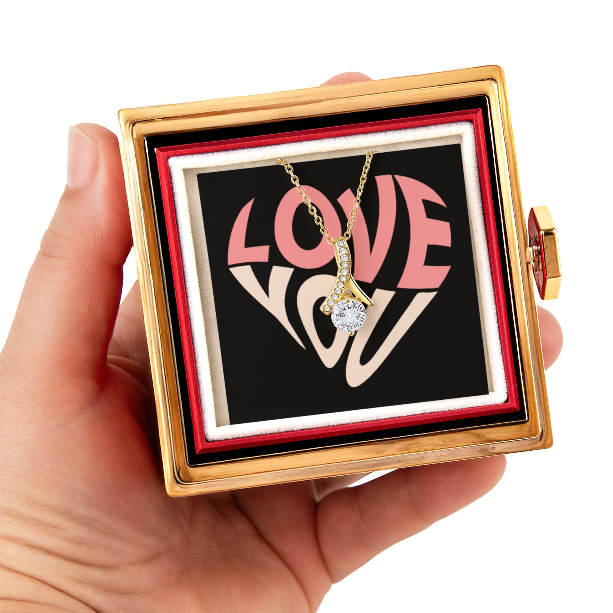 Imagine her reaction as she receives this beautiful Alluring Beauty Necklace. The luxurious box, featuring a charming preserved rose that never fades, adds an extra touch of love. With a simple turn of the gold knob, her breathtaking gift is revealed—making it the perfect sentimental gift for that special someone.