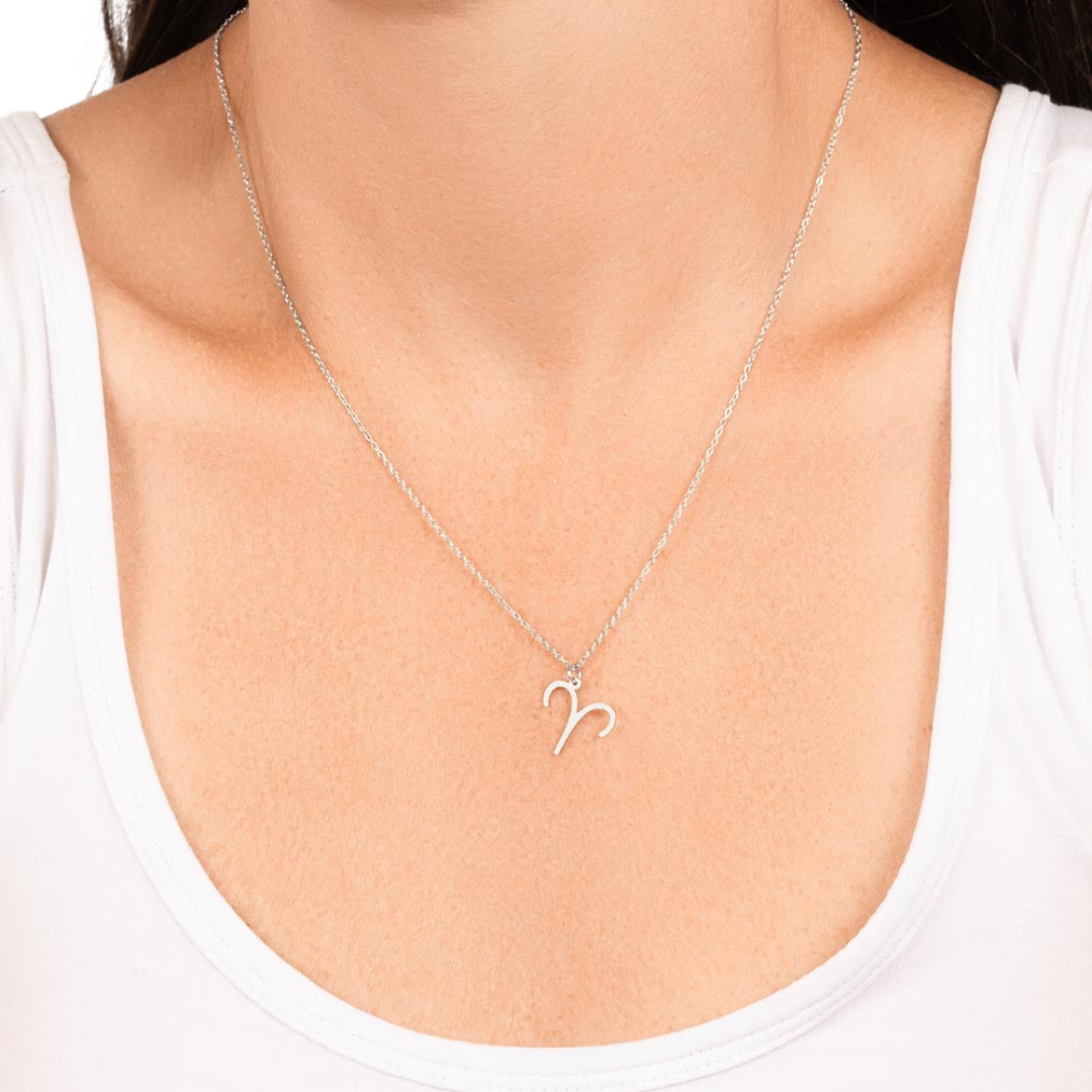 Aries Zodiac Name Necklace. Handcrafted with care, this piece is made from durable stainless steel and optionally dipped in 18k yellow gold and features her unique astrological sign.