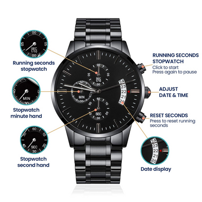 A personalized gift that can withstand constant use, this Customizable Engraved Black Chronograph Watch is the perfect gift for all the special men in your life. A thoughtful groomsmen gift, an anniversary memento, or a long-lasting keepsake for Father’s Day - it's a versatile piece sure to warm hearts and create smiles.
