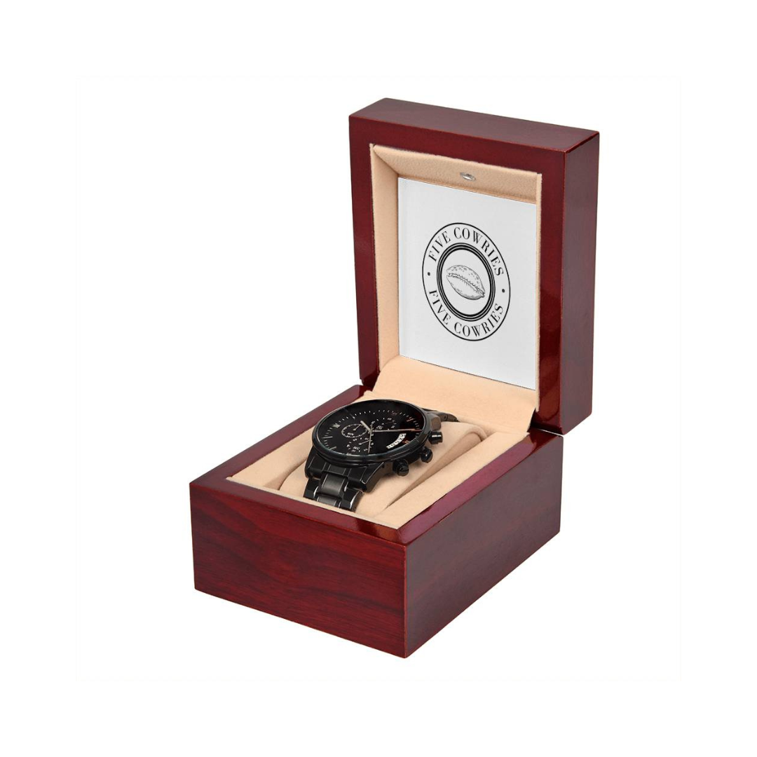 A personalized gift that can withstand constant use, this Customizable Engraved Black Chronograph Watch is the perfect gift for all the special men in your life. A thoughtful groomsmen gift, an anniversary memento, or a long-lasting keepsake for Father’s Day - it's a versatile piece sure to warm hearts and create smiles.