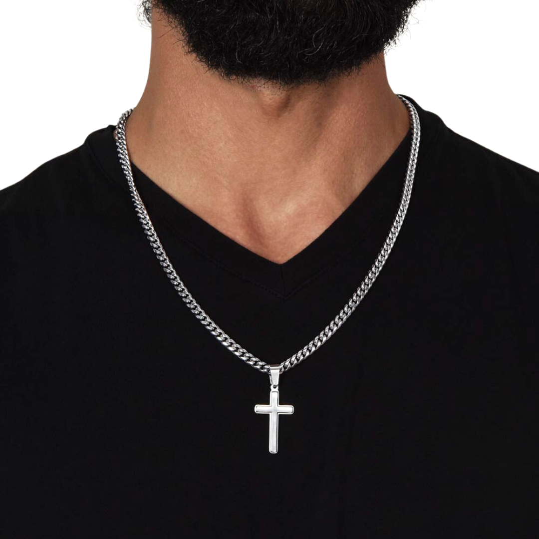 Cross Pendant With Cuban Link Chain Necklace, Men Cross Stainless Steel Jewelry, Artisan Crafted Birthday Gift for him, Valentine Gift