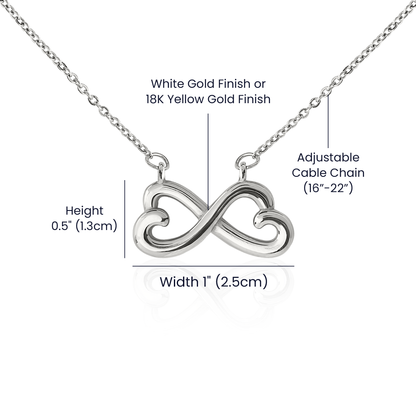 Celebrate your everlasting love and express your affection with our Endless Love Necklace that says "I'll love you till the end of time." Artisan-crafted in either a 14k white gold finish or an 18k yellow gold finish, this heart-shaped infinity symbol is hand-polished to showcase its magnificent shine.