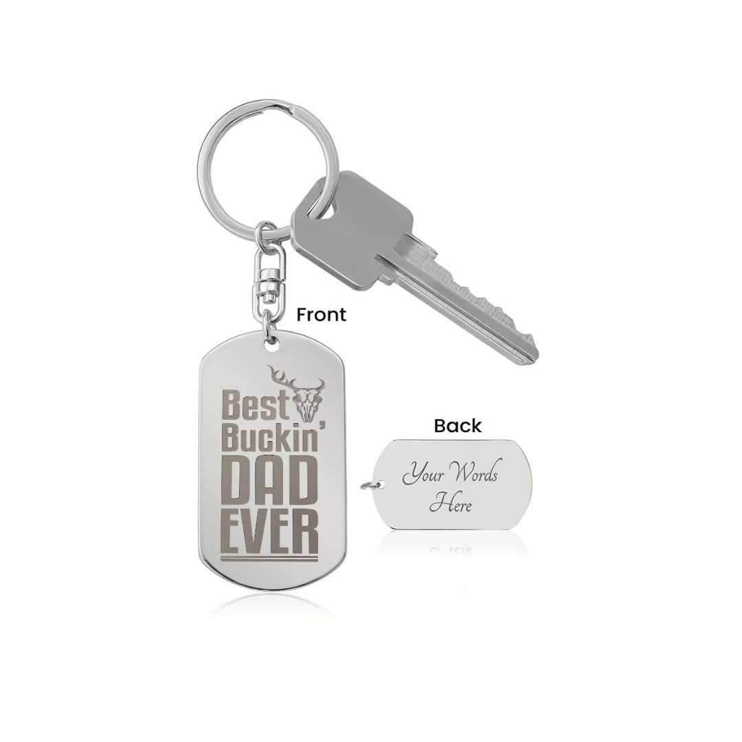 Create a unique keepsake with our Engraved Dog Tag Keychain. This high-quality stainless steel piece can be customized on the back in a scripted font, with 2 lines of text, up to 20 characters each.
