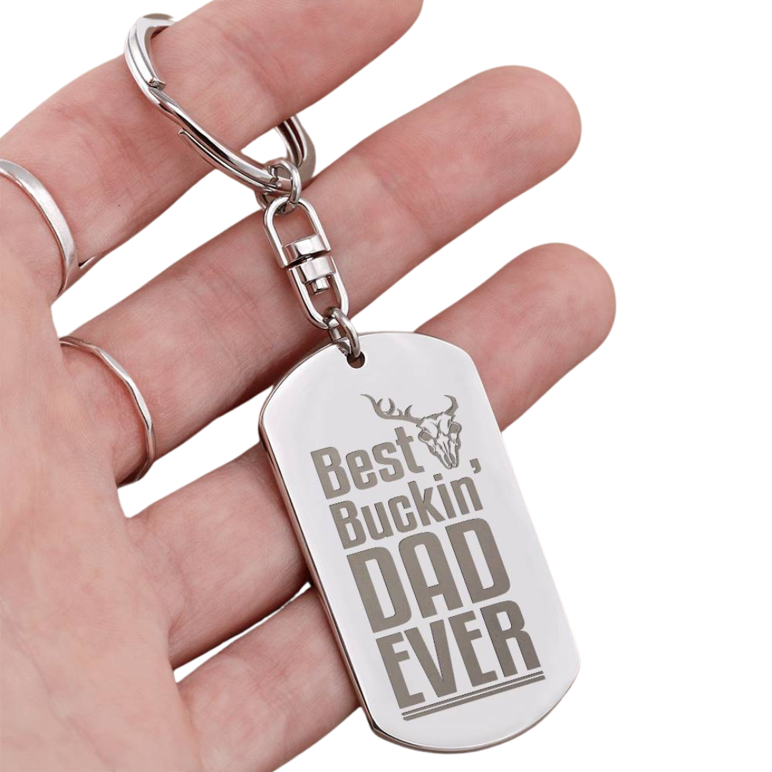 Create a unique keepsake with our Engraved Dog Tag Keychain. This high-quality stainless steel piece can be customized on the back in a scripted font, with 2 lines of text, up to 20 characters each.
