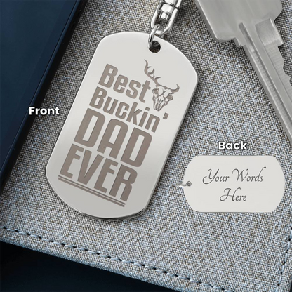 Create a unique keepsake with our Engraved Dog Tag Keychain. This high-quality stainless steel piece can be customized on the back in a scripted font, with 2 lines of text, up to 20 characters each.