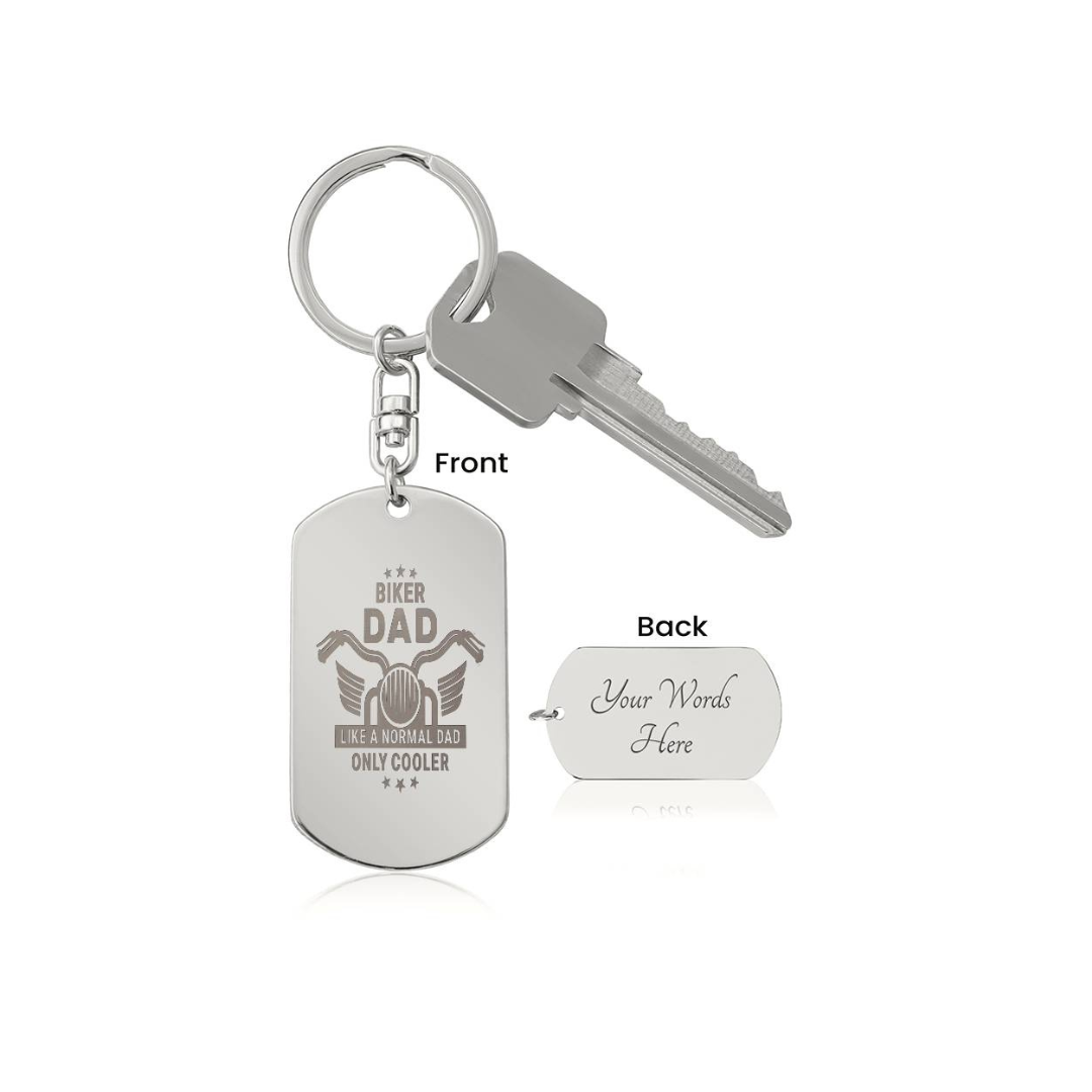 Create a unique keepsake with our Engraved Dog Tag Keychain. This high-quality stainless steel piece can be customized on the back in a scripted font, with 2 lines of text, up to 20 characters each.