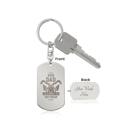 Create a unique keepsake with our Engraved Dog Tag Keychain. This high-quality stainless steel piece can be customized on the back in a scripted font, with 2 lines of text, up to 20 characters each.
