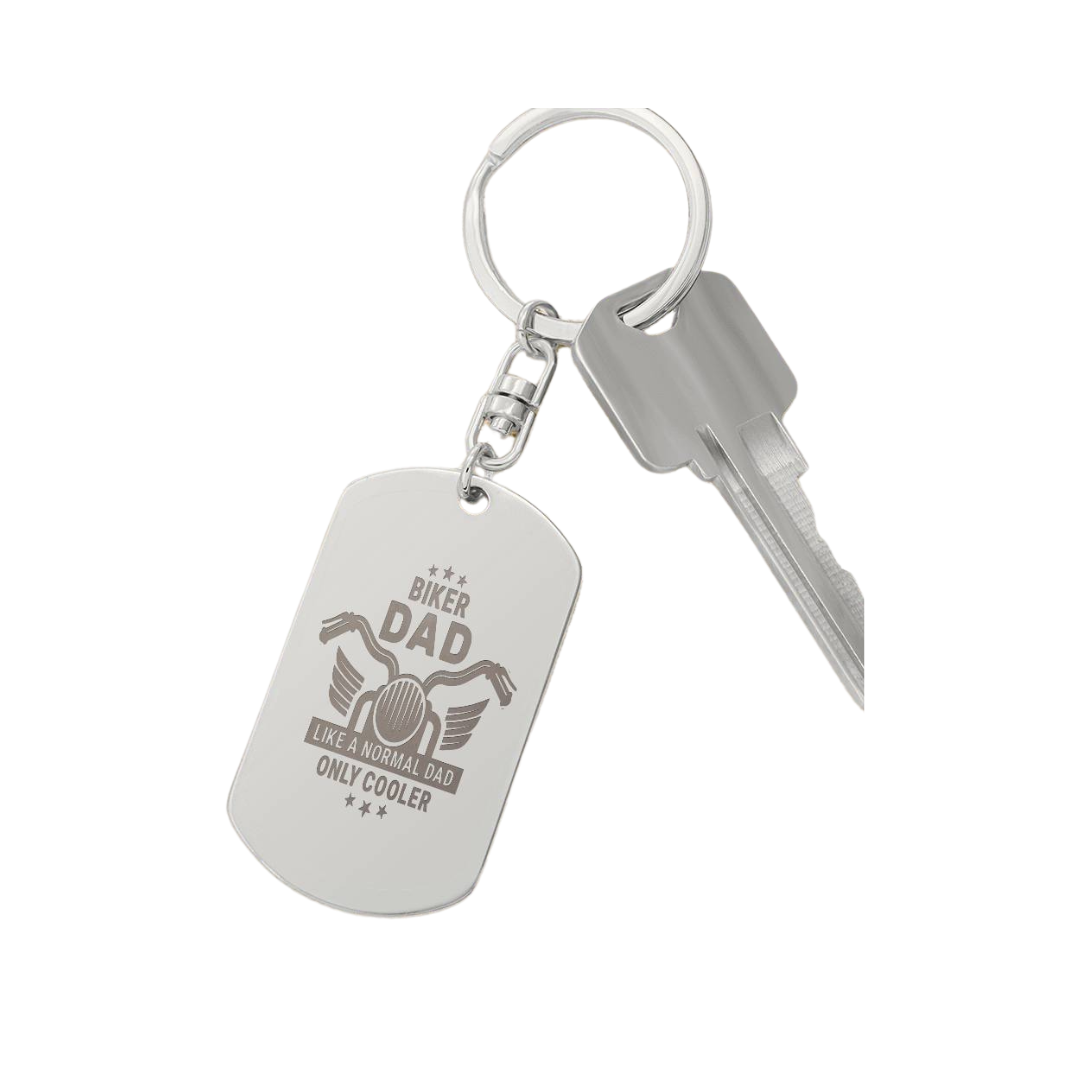 Create a unique keepsake with our Engraved Dog Tag Keychain. This high-quality stainless steel piece can be customized on the back in a scripted font, with 2 lines of text, up to 20 characters each.