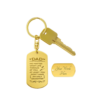 Create a unique keepsake with our Engraved Dog Tag Keychain. This high-quality stainless steel piece can be customized on the back in a scripted font, with 2 lines of text, up to 20 characters each.