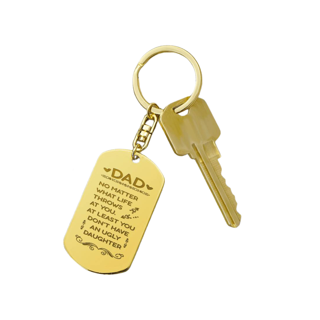 Create a unique keepsake with our Engraved Dog Tag Keychain. This high-quality stainless steel piece can be customized on the back in a scripted font, with 2 lines of text, up to 20 characters each.
