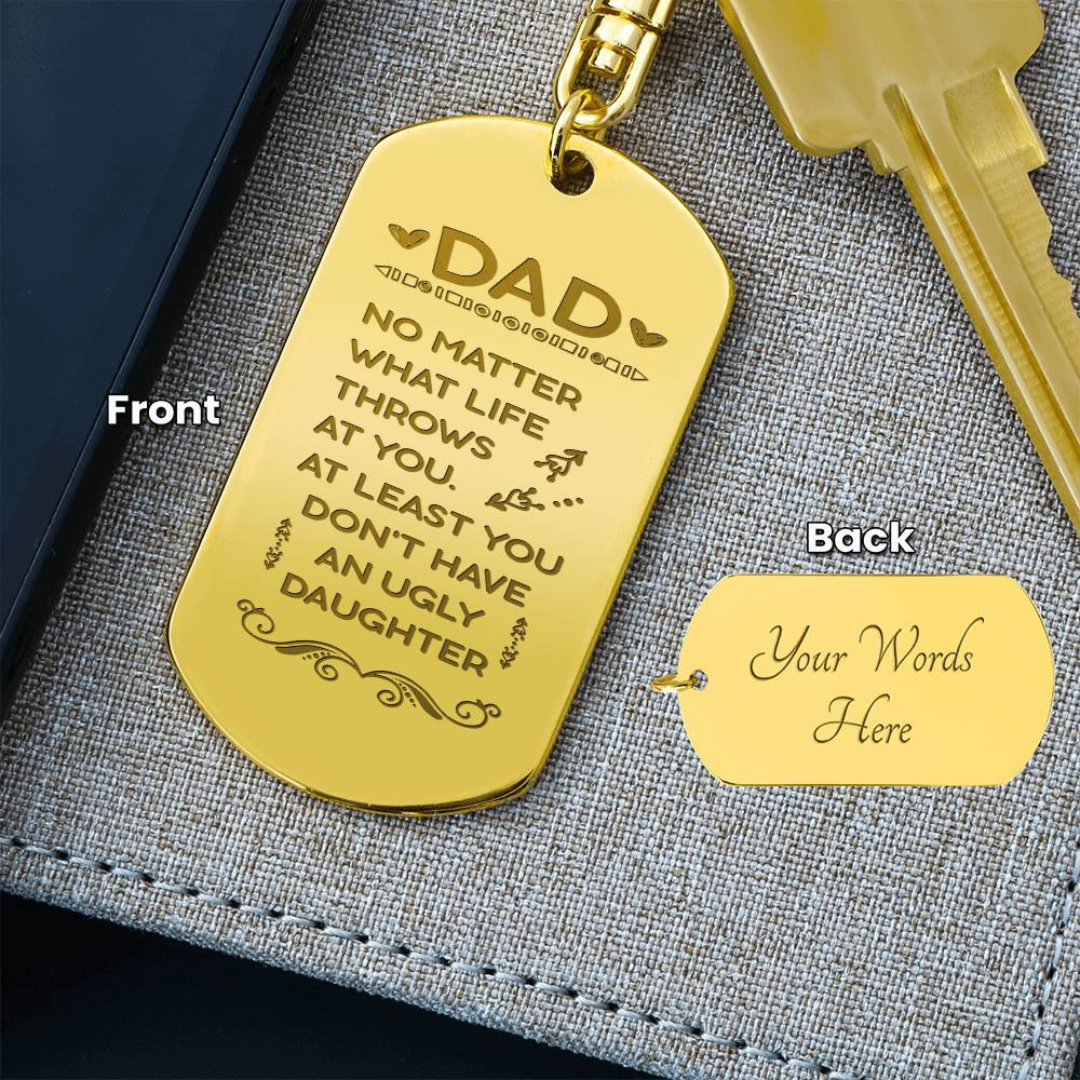 Create a unique keepsake with our Engraved Dog Tag Keychain. This high-quality stainless steel piece can be customized on the back in a scripted font, with 2 lines of text, up to 20 characters each.