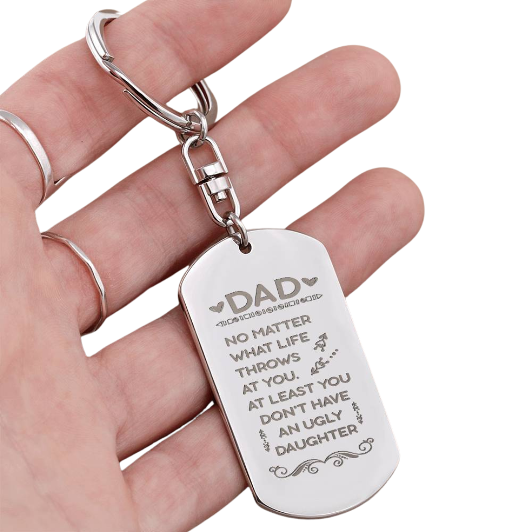 Create a unique keepsake with our Engraved Dog Tag Keychain. This high-quality stainless steel piece can be customized on the back in a scripted font, with 2 lines of text, up to 20 characters each.
