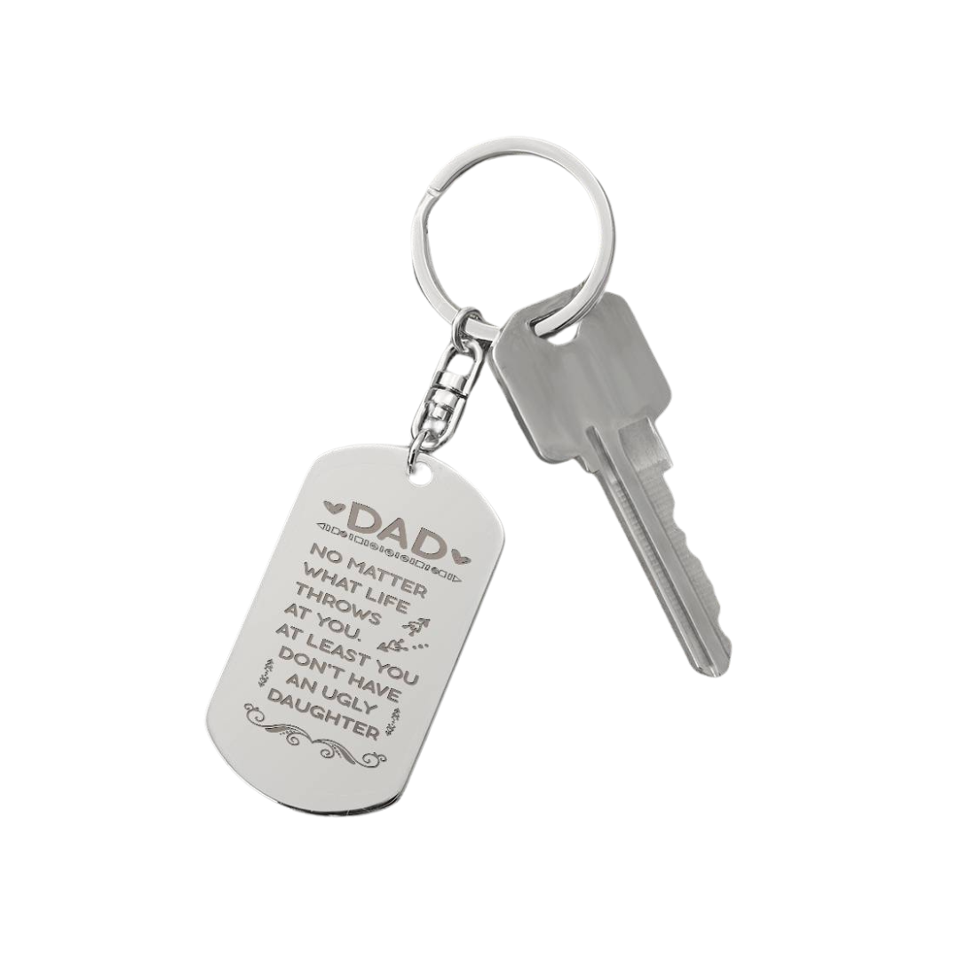 Create a unique keepsake with our Engraved Dog Tag Keychain. This high-quality stainless steel piece can be customized on the back in a scripted font, with 2 lines of text, up to 20 characters each.