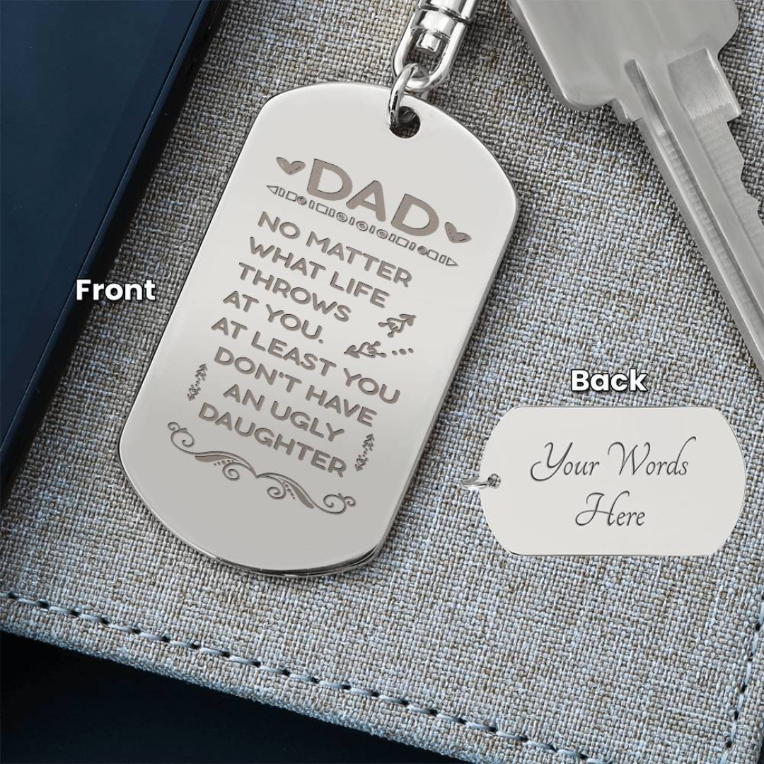 Create a unique keepsake with our Engraved Dog Tag Keychain. This high-quality stainless steel piece can be customized on the back in a scripted font, with 2 lines of text, up to 20 characters each.