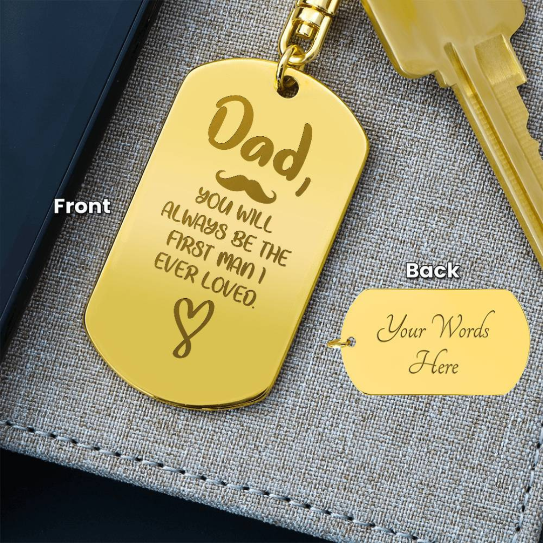 Create a unique keepsake with our Engraved Dog Tag Keychain. This high-quality stainless steel piece can be customized on the back in a scripted font, with 2 lines of text, up to 20 characters each.