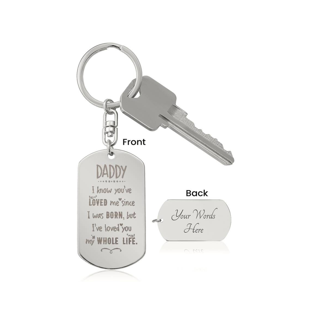 Create a unique keepsake with our Engraved Dog Tag Keychain. This high-quality stainless steel piece can be customized on the back in a scripted font, with 2 lines of text, up to 20 characters each.