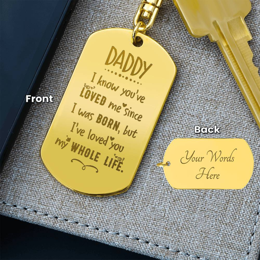 Create a unique keepsake with our Engraved Dog Tag Keychain. This high-quality stainless steel piece can be customized on the back in a scripted font, with 2 lines of text, up to 20 characters each.