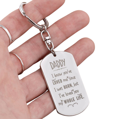 Create a unique keepsake with our Engraved Dog Tag Keychain. This high-quality stainless steel piece can be customized on the back in a scripted font, with 2 lines of text, up to 20 characters each.