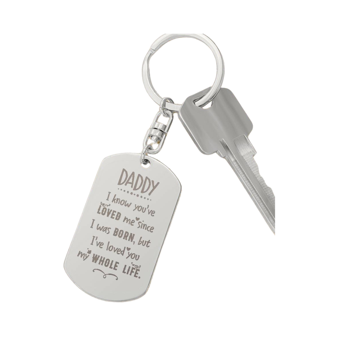 Create a unique keepsake with our Engraved Dog Tag Keychain. This high-quality stainless steel piece can be customized on the back in a scripted font, with 2 lines of text, up to 20 characters each.