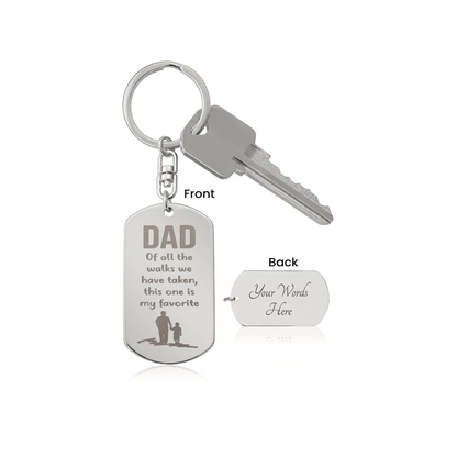 Create a unique keepsake with our Engraved Dog Tag Keychain. This high-quality stainless steel piece can be customized on the back in a scripted font, with 2 lines of text, up to 20 characters each.