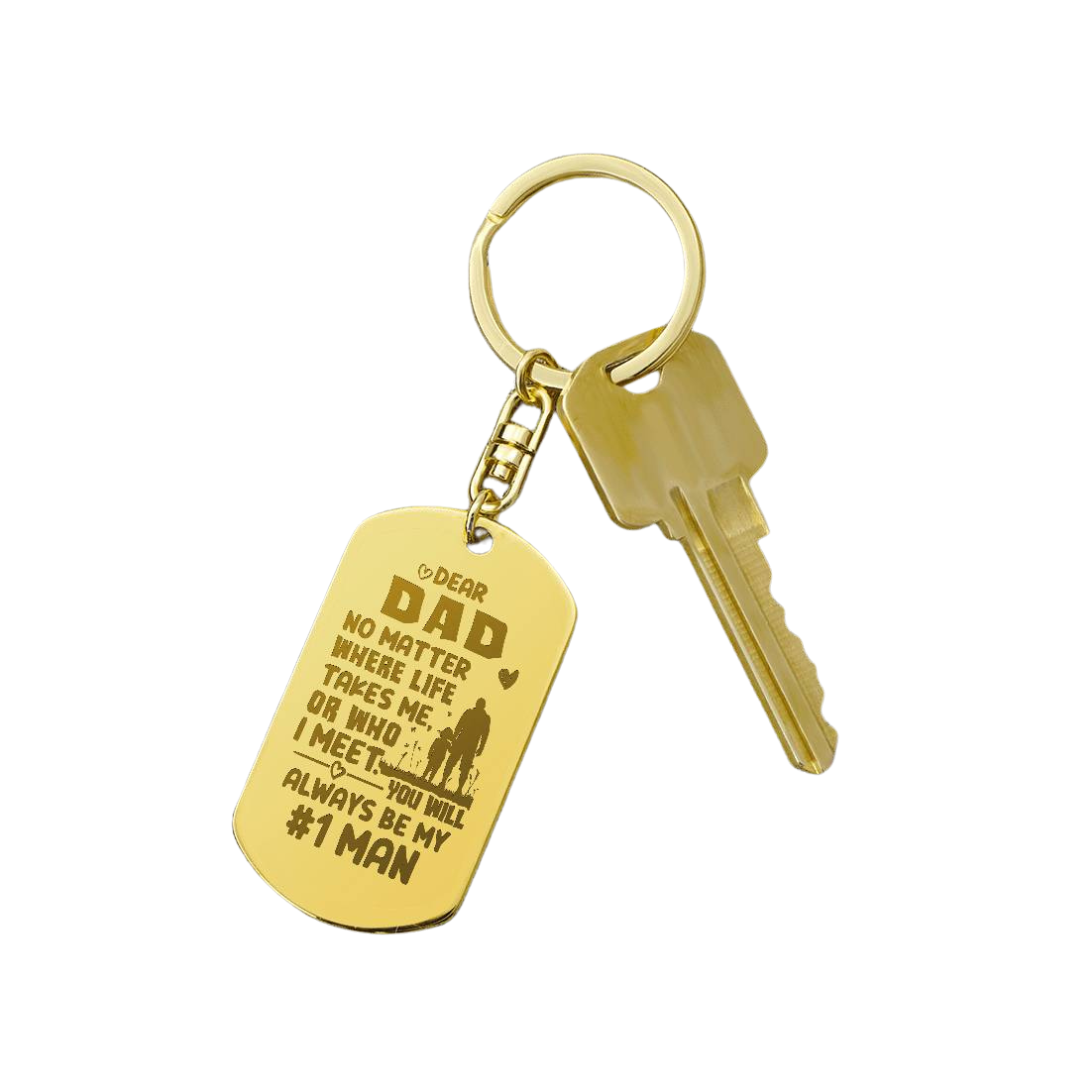 Create a unique keepsake with our Engraved Dog Tag Keychain. This high-quality stainless steel piece can be customized on the back in a scripted font, with 2 lines of text, up to 20 characters each.