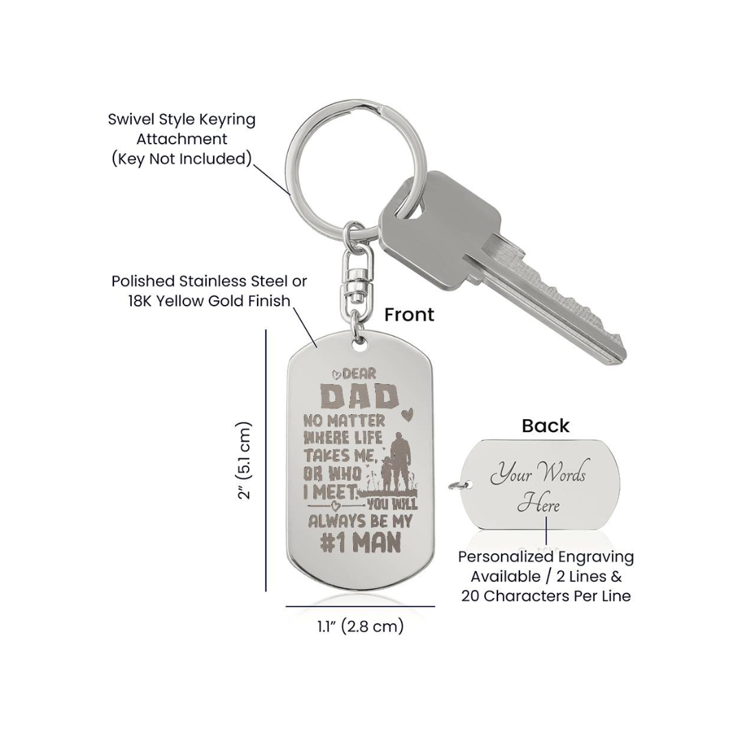 Create a unique keepsake with our Engraved Dog Tag Keychain. This high-quality stainless steel piece can be customized on the back in a scripted font, with 2 lines of text, up to 20 characters each.