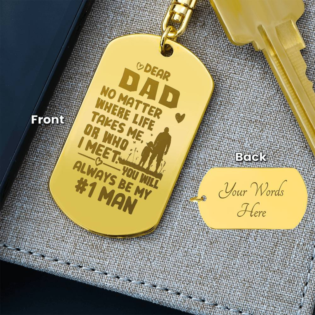 Create a unique keepsake with our Engraved Dog Tag Keychain. This high-quality stainless steel piece can be customized on the back in a scripted font, with 2 lines of text, up to 20 characters each.