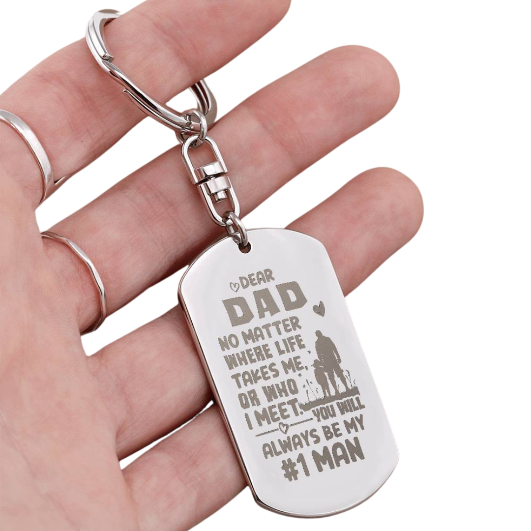 Create a unique keepsake with our Engraved Dog Tag Keychain. This high-quality stainless steel piece can be customized on the back in a scripted font, with 2 lines of text, up to 20 characters each.