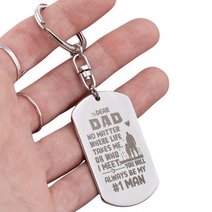 Create a unique keepsake with our Engraved Dog Tag Keychain. This high-quality stainless steel piece can be customized on the back in a scripted font, with 2 lines of text, up to 20 characters each.