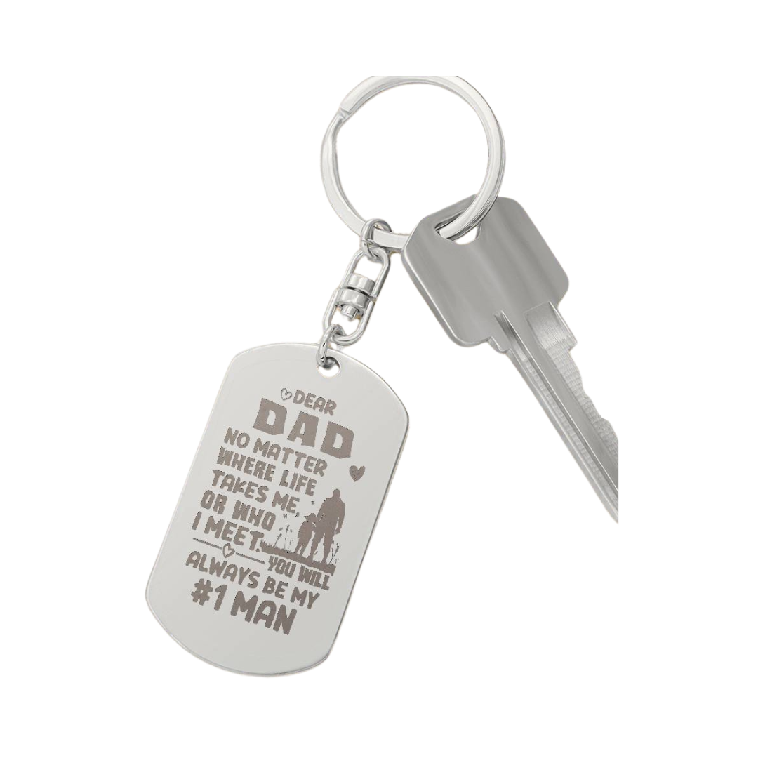 Create a unique keepsake with our Engraved Dog Tag Keychain. This high-quality stainless steel piece can be customized on the back in a scripted font, with 2 lines of text, up to 20 characters each.