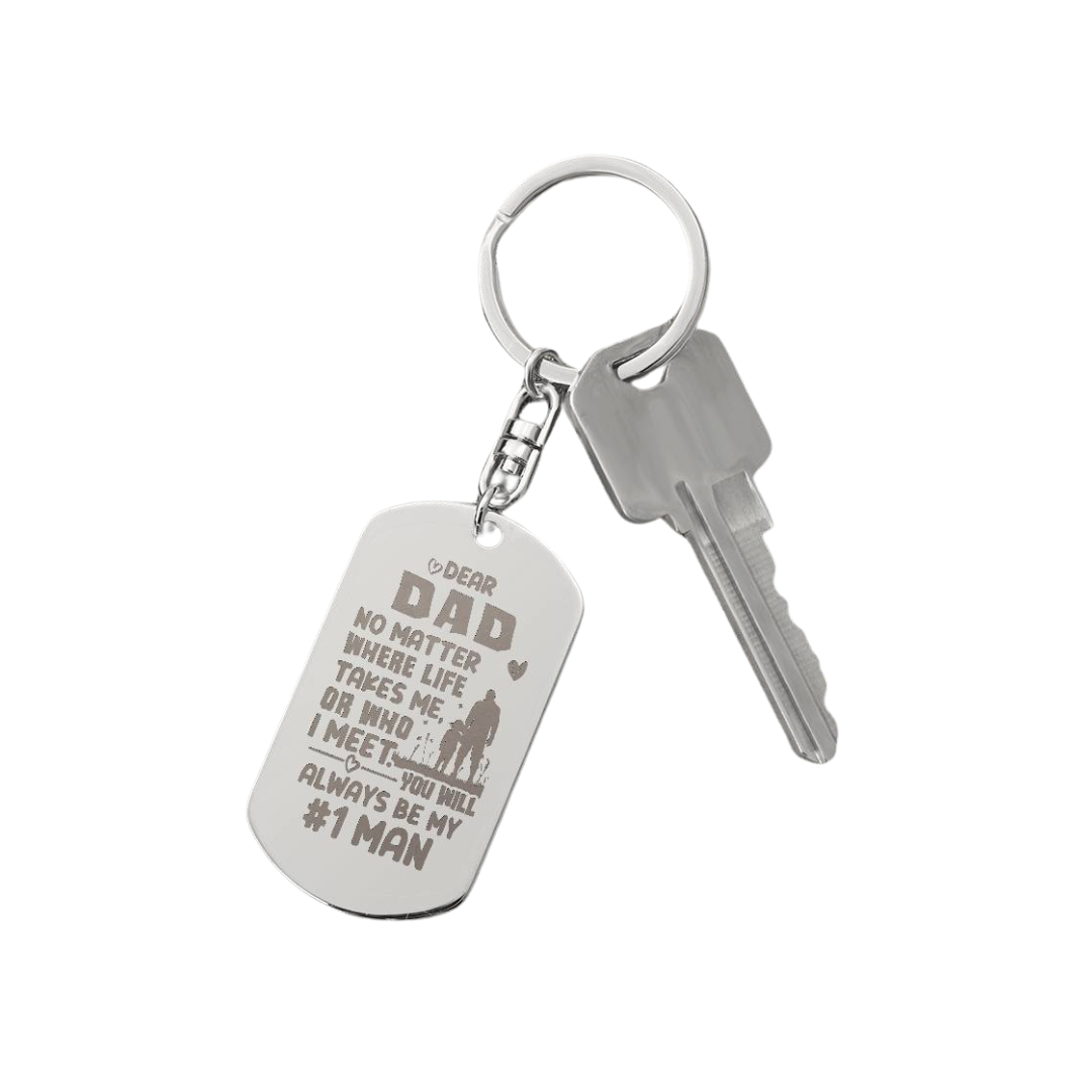 Create a unique keepsake with our Engraved Dog Tag Keychain. This high-quality stainless steel piece can be customized on the back in a scripted font, with 2 lines of text, up to 20 characters each.