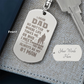 Create a unique keepsake with our Engraved Dog Tag Keychain. This high-quality stainless steel piece can be customized on the back in a scripted font, with 2 lines of text, up to 20 characters each.