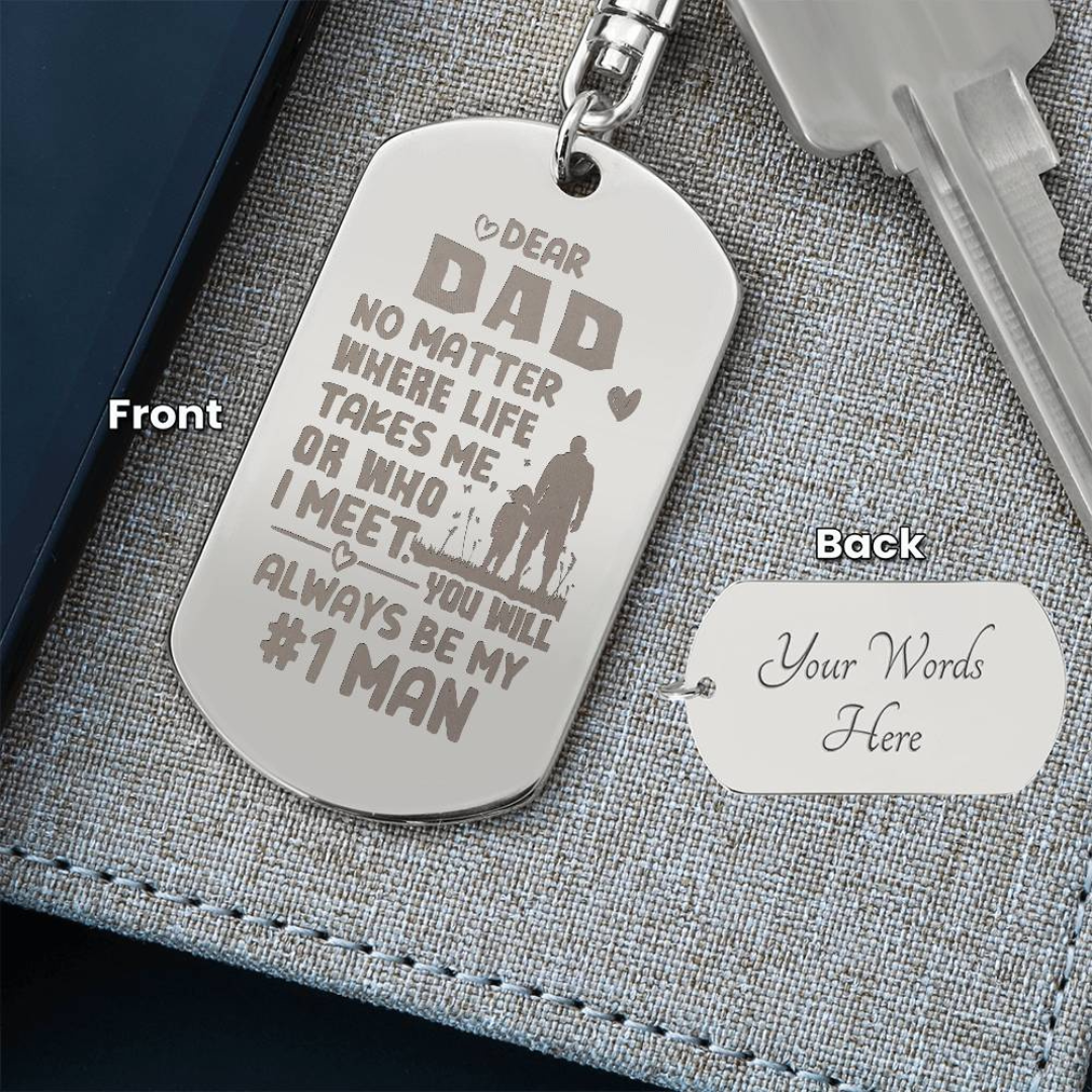 Create a unique keepsake with our Engraved Dog Tag Keychain. This high-quality stainless steel piece can be customized on the back in a scripted font, with 2 lines of text, up to 20 characters each.