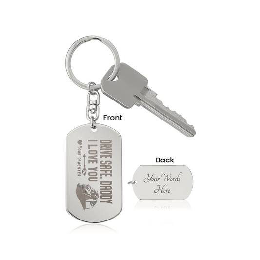 Create a unique keepsake with our Engraved Dog Tag Keychain. This high-quality stainless steel piece can be customized on the back in a scripted font, with 2 lines of text, up to 20 characters each.