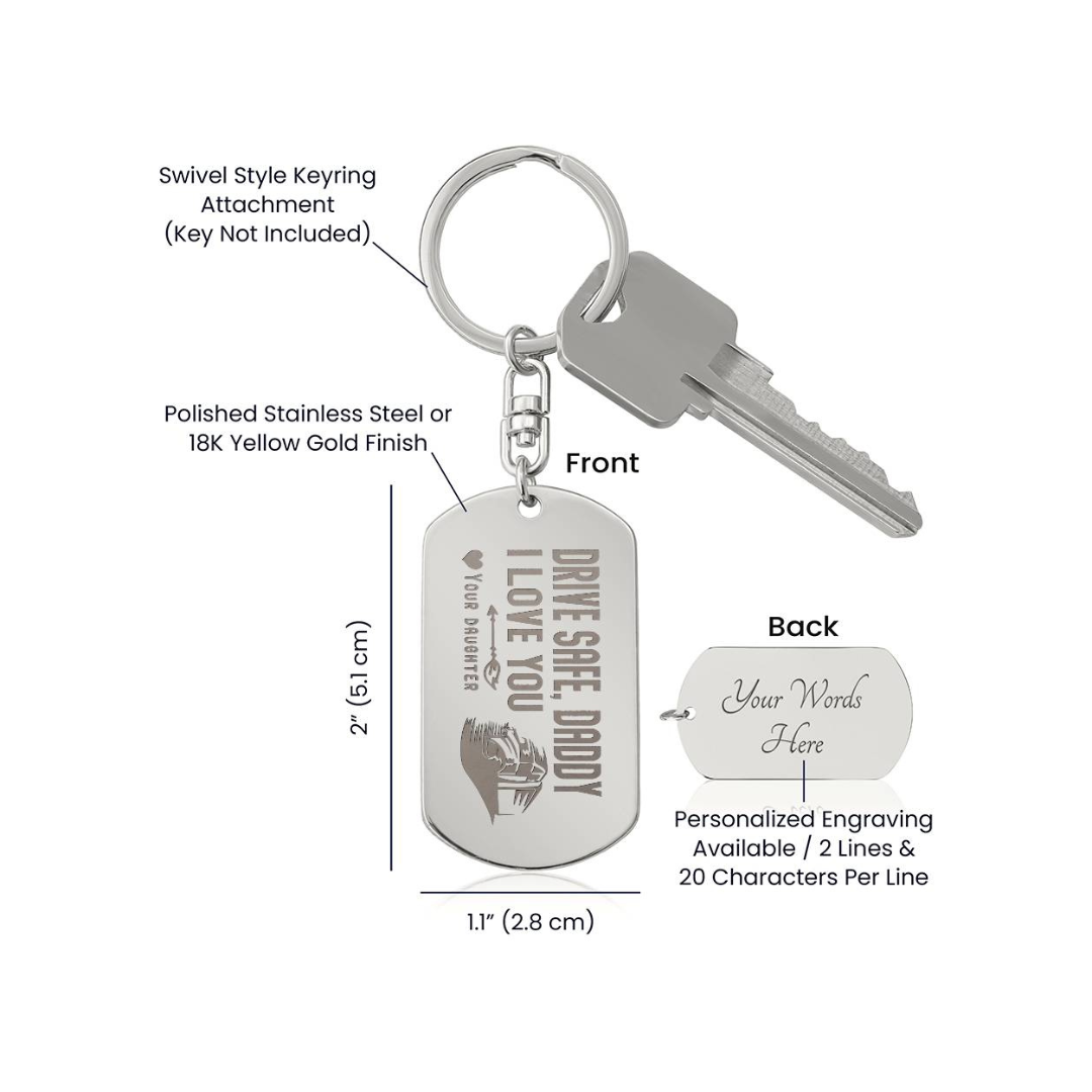 Create a unique keepsake with our Engraved Dog Tag Keychain. This high-quality stainless steel piece can be customized on the back in a scripted font, with 2 lines of text, up to 20 characters each.