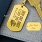 Create a unique keepsake with our Engraved Dog Tag Keychain. This high-quality stainless steel piece can be customized on the back in a scripted font, with 2 lines of text, up to 20 characters each.