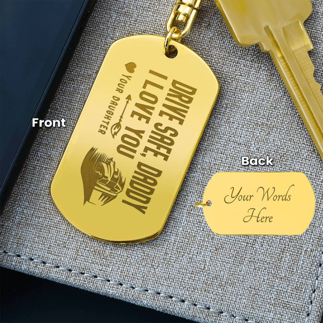 Create a unique keepsake with our Engraved Dog Tag Keychain. This high-quality stainless steel piece can be customized on the back in a scripted font, with 2 lines of text, up to 20 characters each.