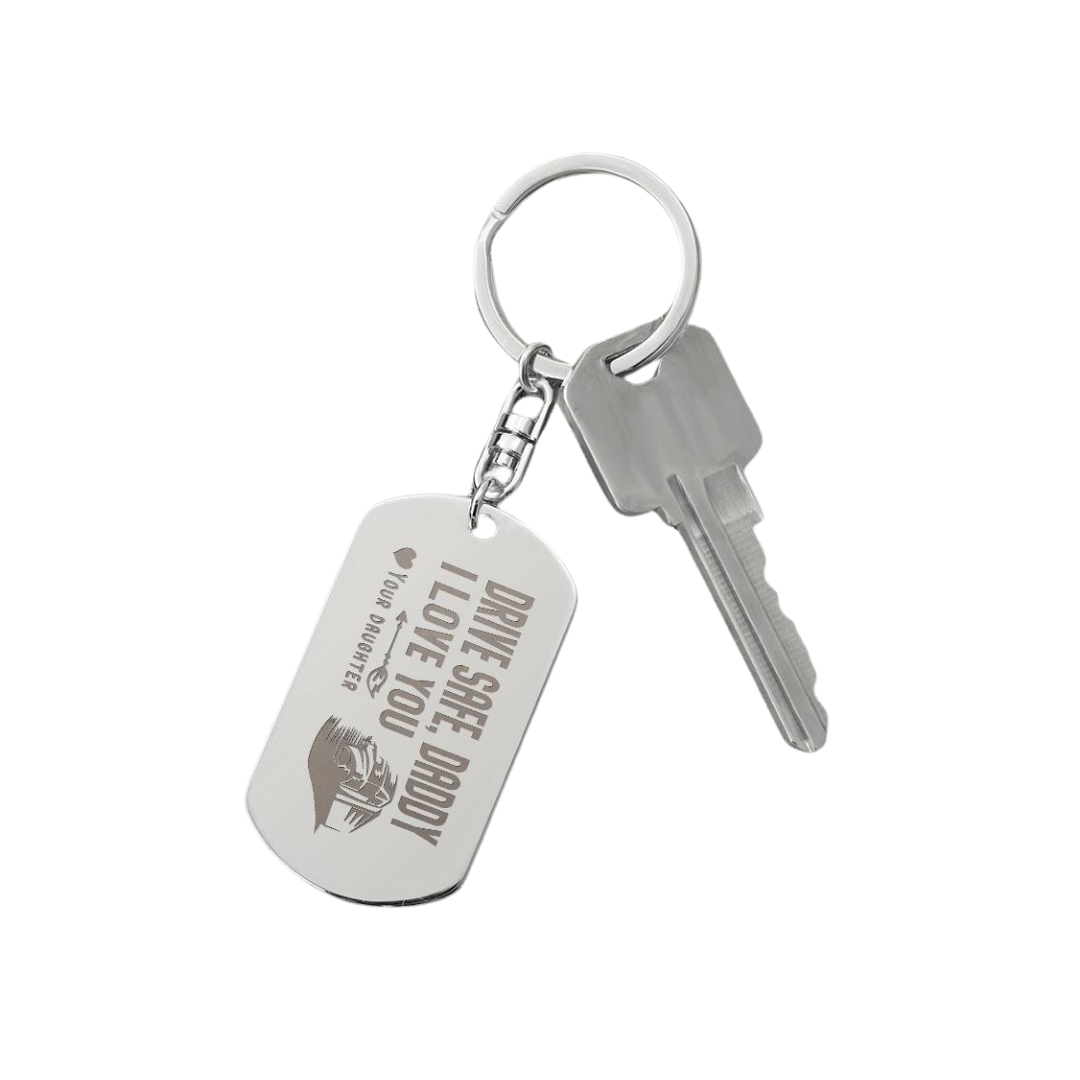 Create a unique keepsake with our Engraved Dog Tag Keychain. This high-quality stainless steel piece can be customized on the back in a scripted font, with 2 lines of text, up to 20 characters each.