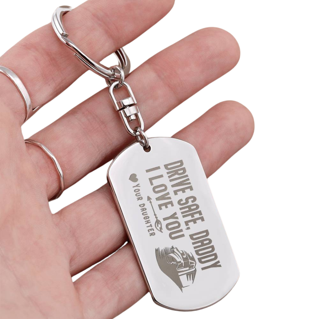 Create a unique keepsake with our Engraved Dog Tag Keychain. This high-quality stainless steel piece can be customized on the back in a scripted font, with 2 lines of text, up to 20 characters each.