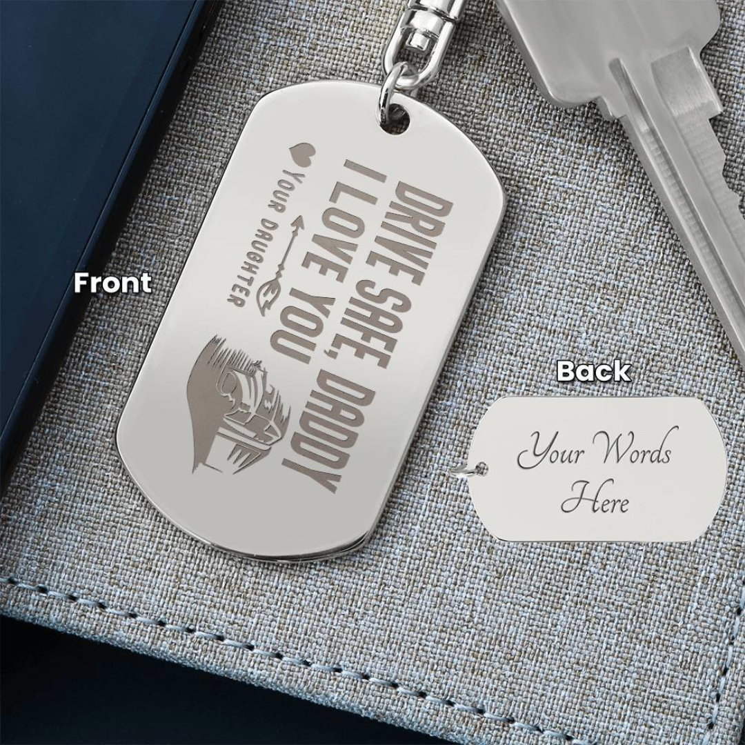 Create a unique keepsake with our Engraved Dog Tag Keychain. This high-quality stainless steel piece can be customized on the back in a scripted font, with 2 lines of text, up to 20 characters each.