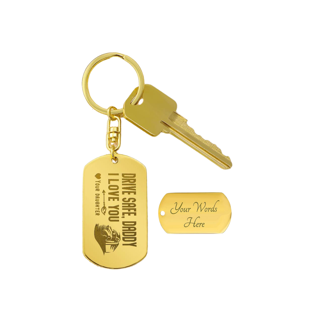 Create a unique keepsake with our Engraved Dog Tag Keychain. This high-quality stainless steel piece can be customized on the back in a scripted font, with 2 lines of text, up to 20 characters each.