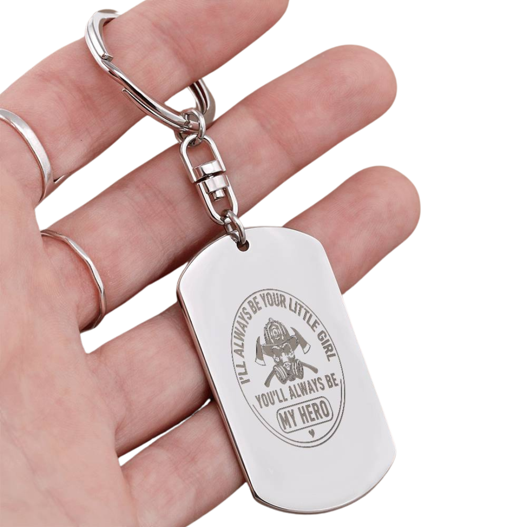Create a unique keepsake with our Engraved Dog Tag Keychain. This high-quality stainless steel piece can be customized on the back in a scripted font, with 2 lines of text, up to 20 characters each.