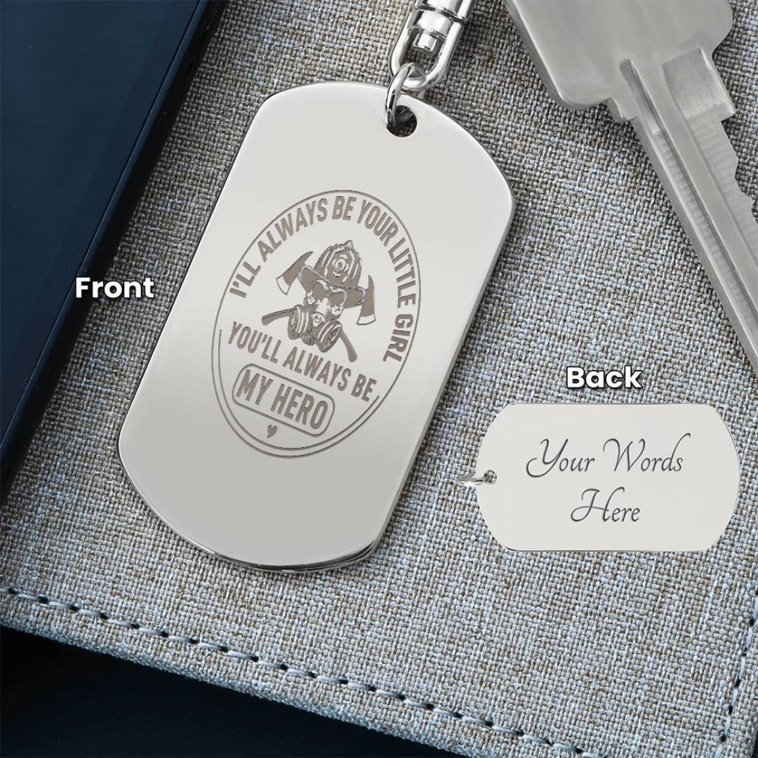 Create a unique keepsake with our Engraved Dog Tag Keychain. This high-quality stainless steel piece can be customized on the back in a scripted font, with 2 lines of text, up to 20 characters each.