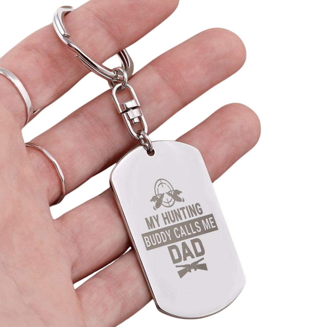 Create a unique keepsake with our Engraved Dog Tag Keychain. This high-quality stainless steel piece can be customized on the back in a scripted font, with 2 lines of text, up to 20 characters each.