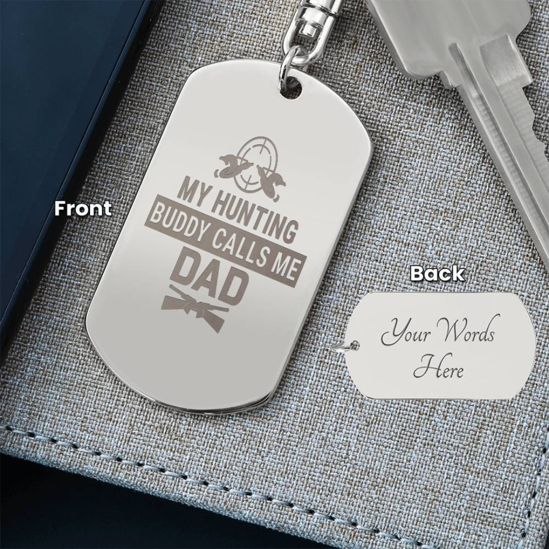 Create a unique keepsake with our Engraved Dog Tag Keychain. This high-quality stainless steel piece can be customized on the back in a scripted font, with 2 lines of text, up to 20 characters each.
