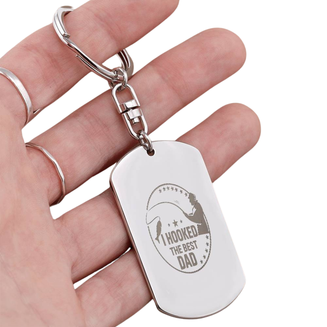 Create a unique keepsake with our Engraved Dog Tag Keychain. This high-quality stainless steel piece can be customized on the back in a scripted font, with 2 lines of text, up to 20 characters each.