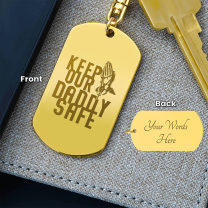 Create a unique keepsake with our Engraved Dog Tag Keychain. This high-quality stainless steel piece can be customized on the back in a scripted font, with 2 lines of text, up to 20 characters each.